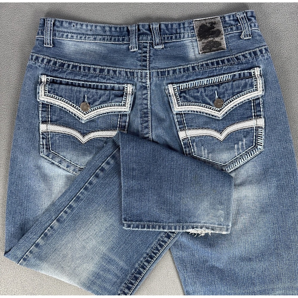 GS115 Jeans Mens 36x30 Blue Baggy Faded Distressed Flap Pocket Embroidered Y2K
